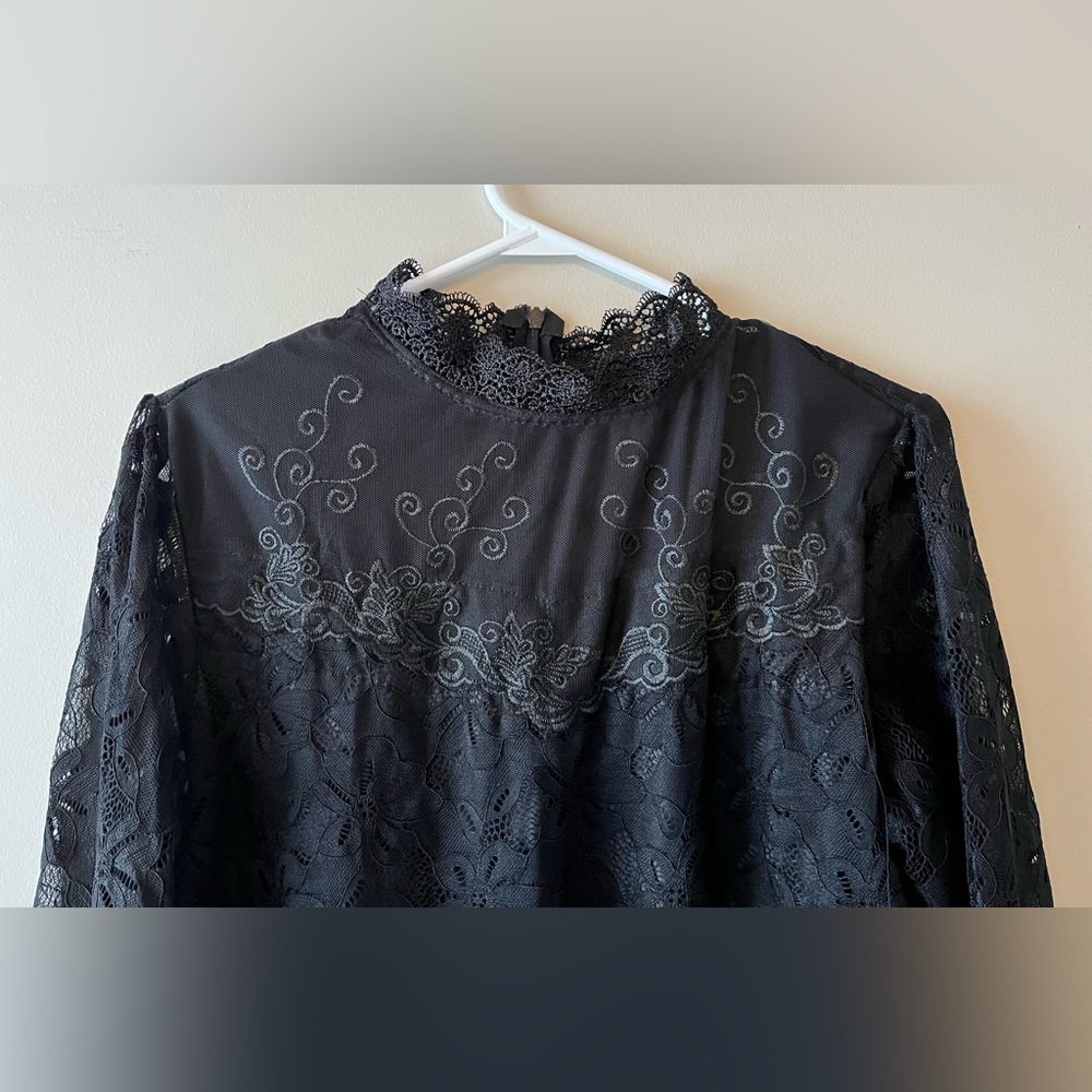 Victorian Style High Neck Black Lace Long Sleeve Blouse Size Small - witchcore - Picture 3 of 9